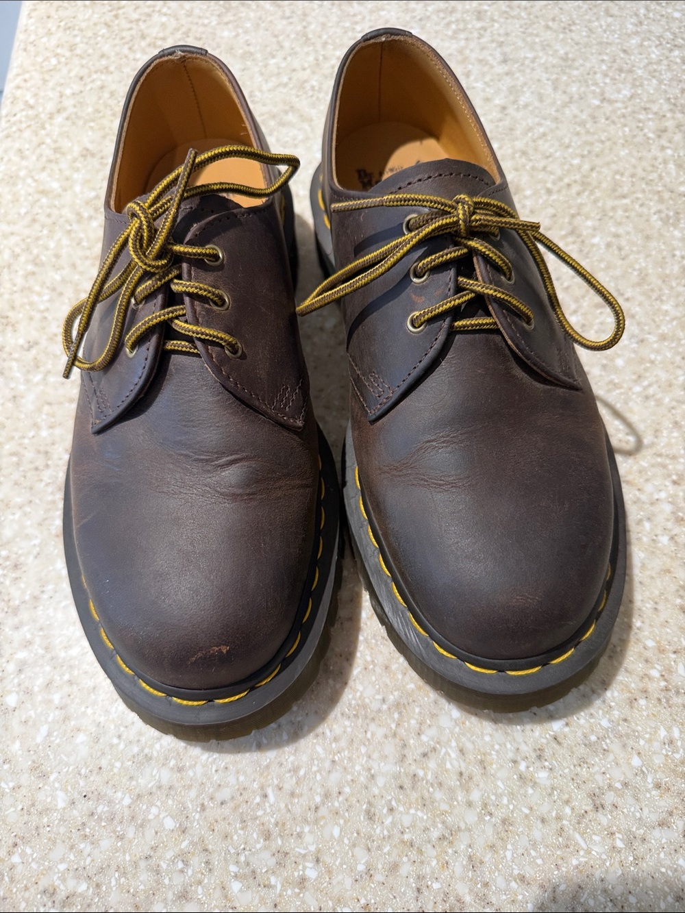 Dr. Martens Dark Brown Leather Derby Shoes with Yellow Stitching